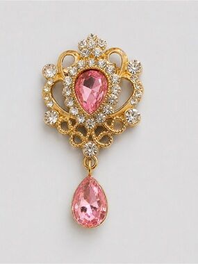 NWT Pink Rhinestone Dangle Brooch Pin Gold Tone Princess Crown Statement Brooch